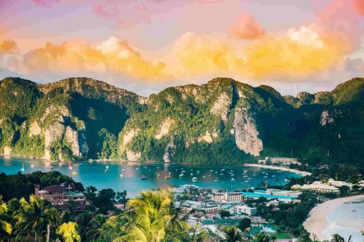 Bay with boats and green cliffs under a pink sunset sky