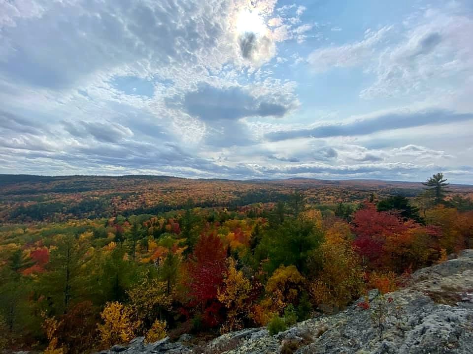 Rolling forest in full autumn color seen from a granite ledge in Maine