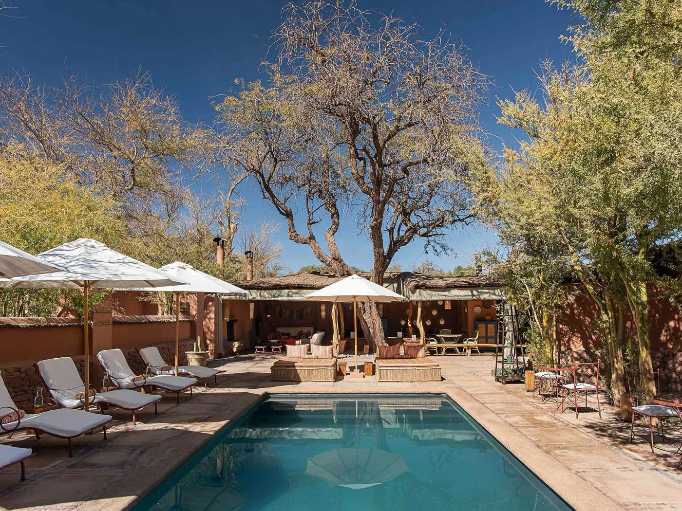 A pool with white umbrellas among trees at Awasi Atacama