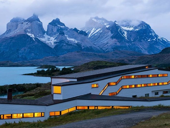 Explora's long lodge on Lake Pehoé below the Cuernos del Paine