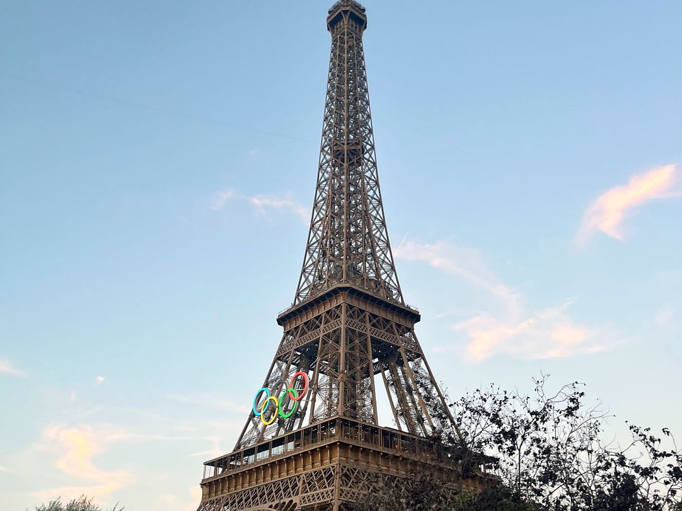 The Eiffel Tower with the Olympic rings on it during the Paris 2024 Games
