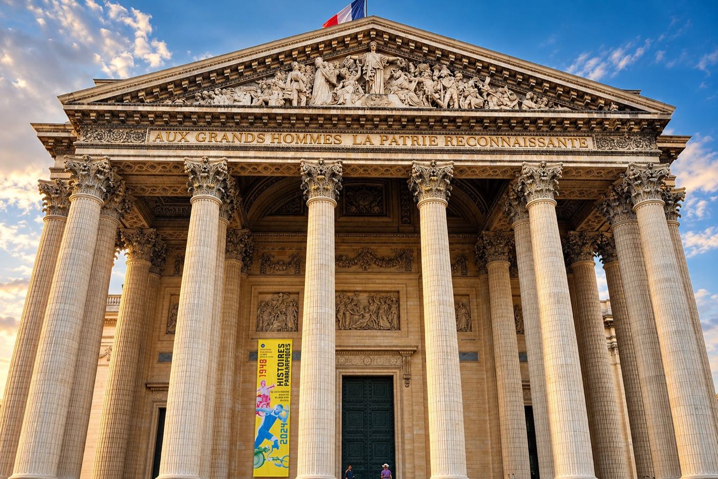 The columned front of the Panthéon in Paris under a blue sky