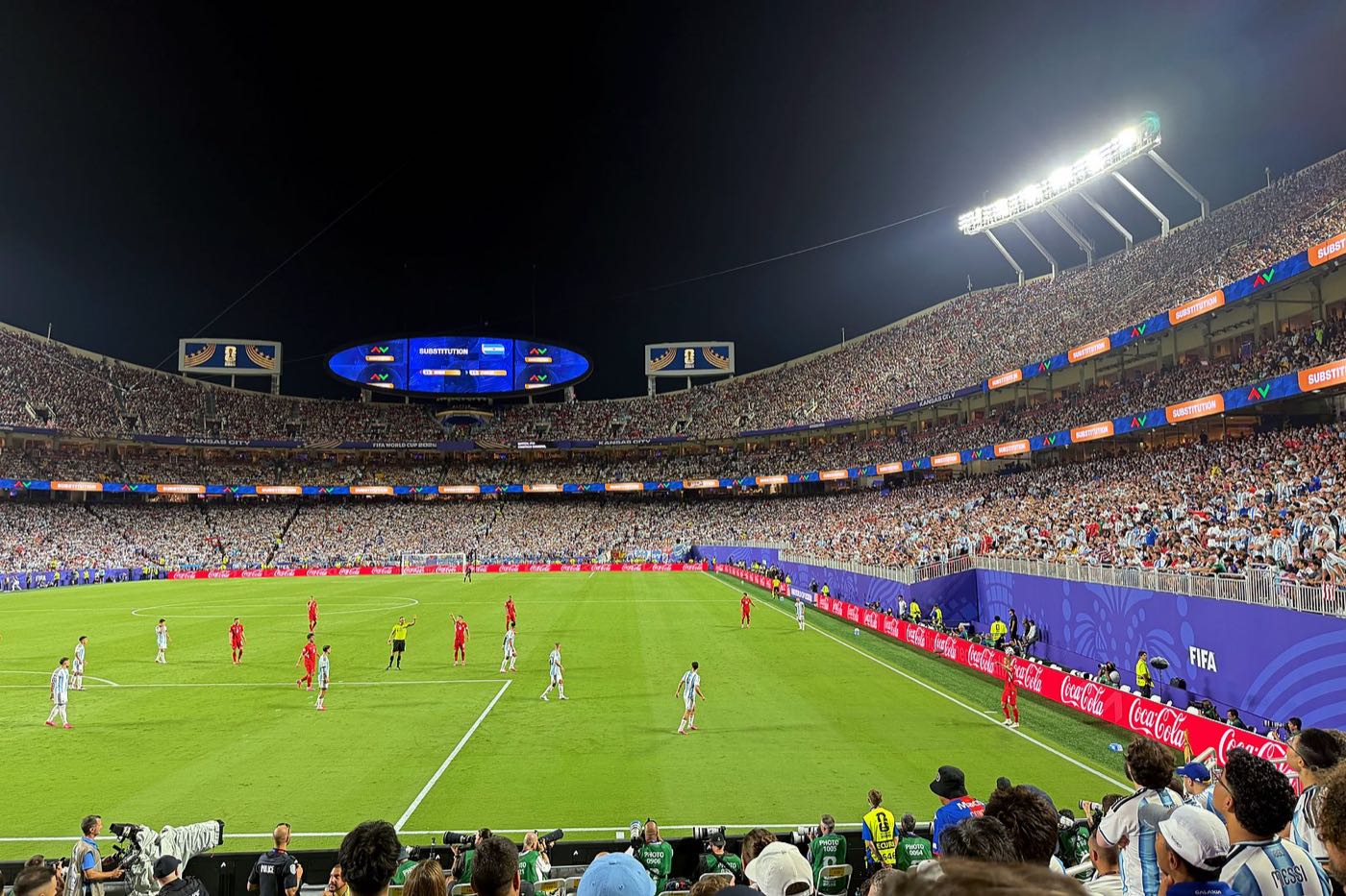 Arrowhead Stadium under the lights during the Argentina vs. Switzerland World Cup quarterfinal